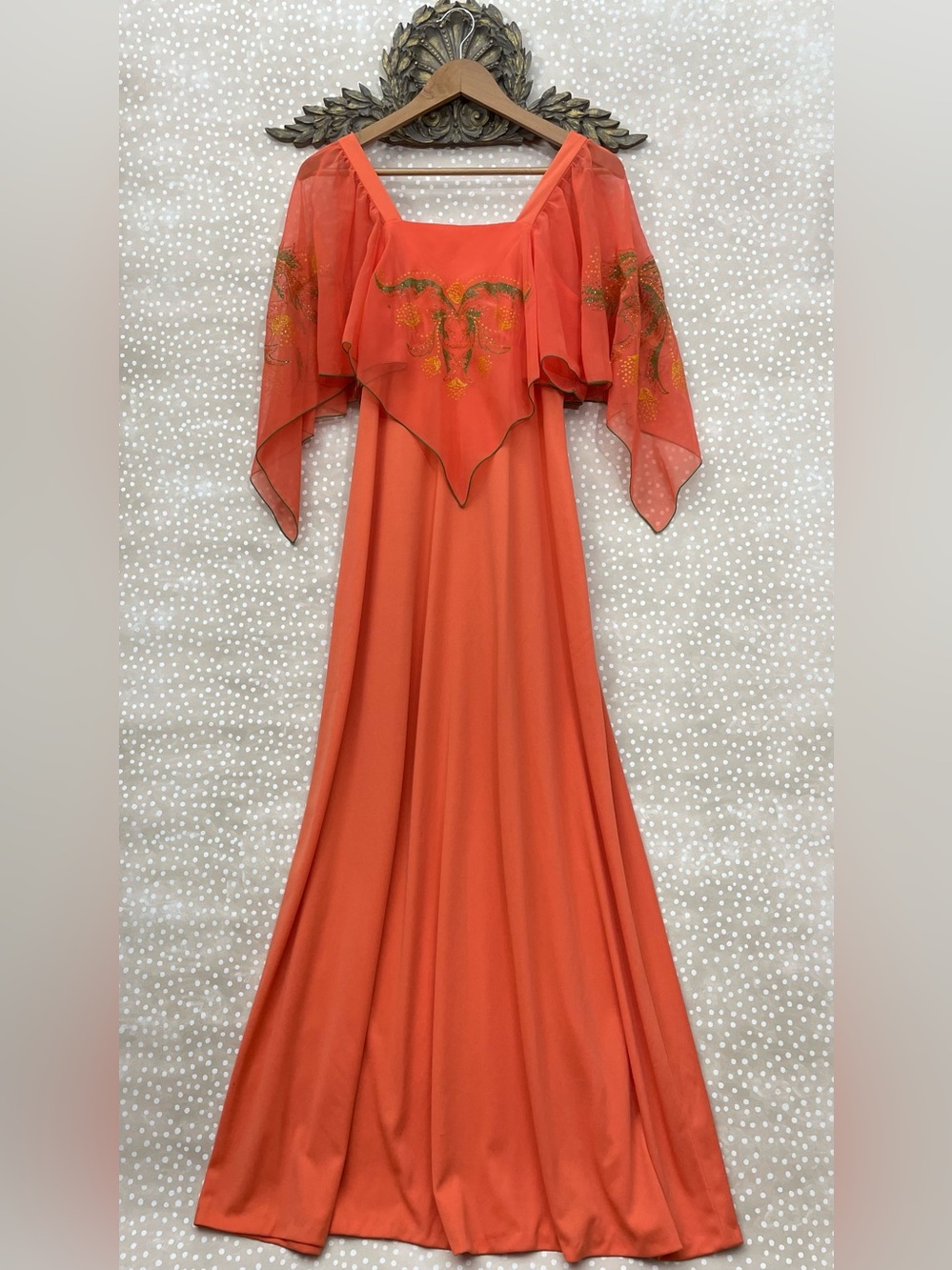 Vintage 60s angel wing hippie maxi dress maximalist coral pink square neck
